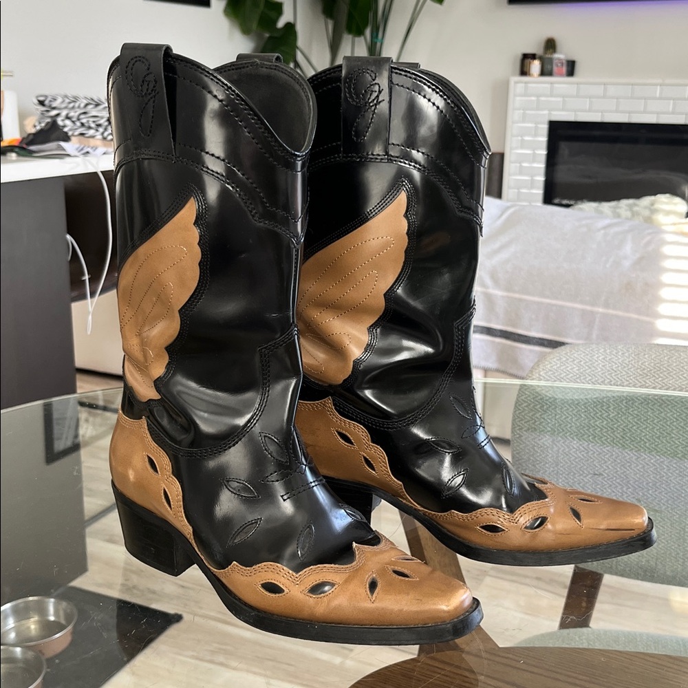 Ganni Black and Tan Two-Tone Western Leather Boots